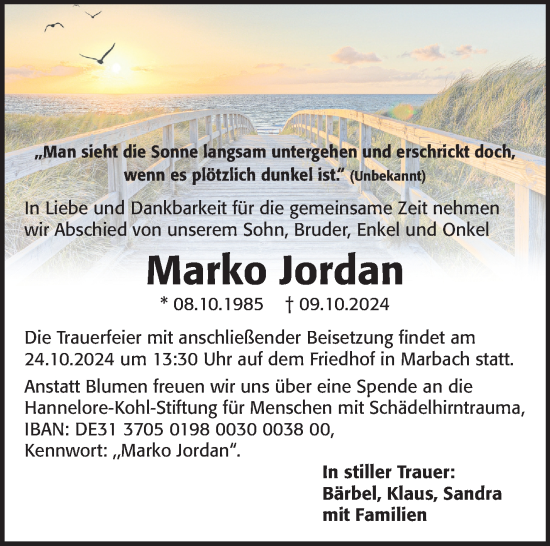 Traueranzeige von Marko Jordan von Marbacher Zeitung
