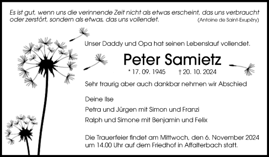 Traueranzeige von Peter Samietz von Marbacher Zeitung
