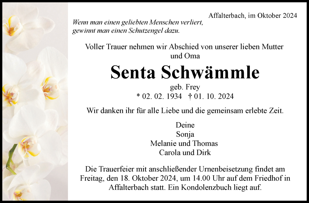  Traueranzeige für Senta Schwämmle vom 14.10.2024 aus Marbacher Zeitung