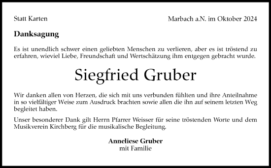 Traueranzeige von Siegfried Gruber von Marbacher Zeitung