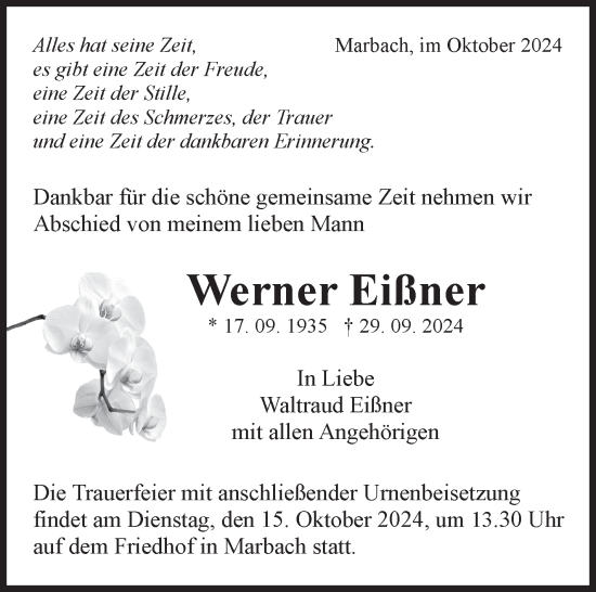 Traueranzeige von Werner Eißner von Marbacher Zeitung