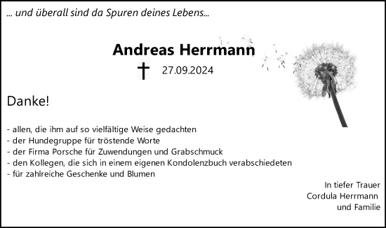 Traueranzeige von Andreas Herrmann von Marbacher Zeitung