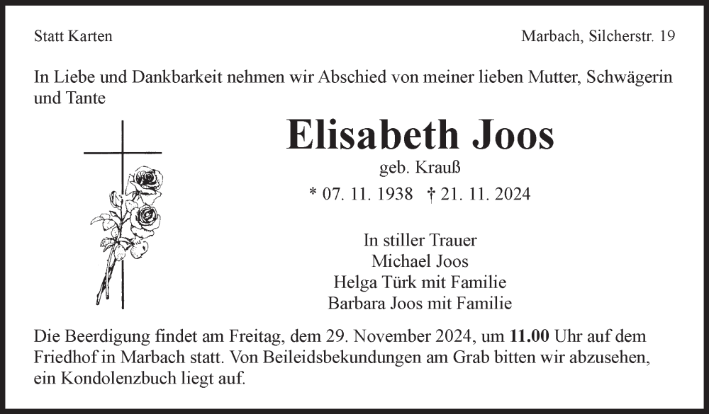 Traueranzeige für Elisabeth Joos vom 26.11.2024 aus Marbacher Zeitung