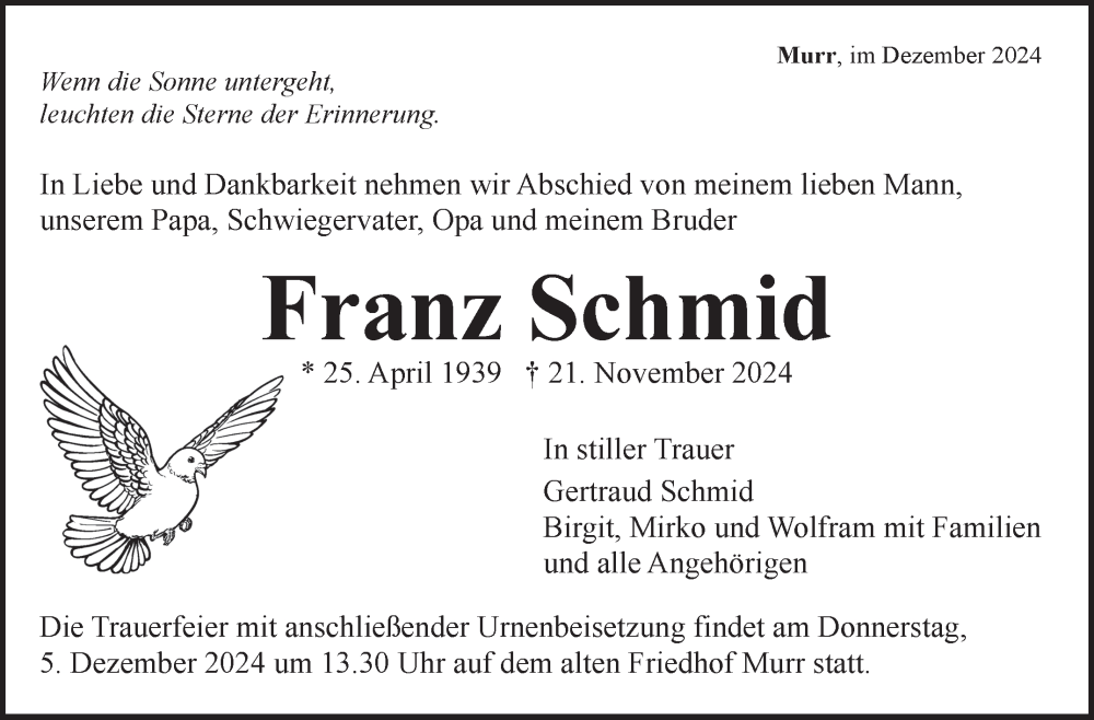  Traueranzeige für Franz Schmid vom 27.11.2024 aus Marbacher Zeitung