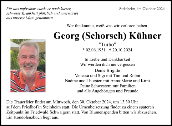 Traueranzeige von Georg  Kühner von Marbacher Zeitung