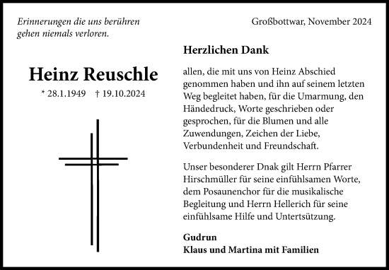 Traueranzeige von Heinz Reuschle von Marbacher Zeitung