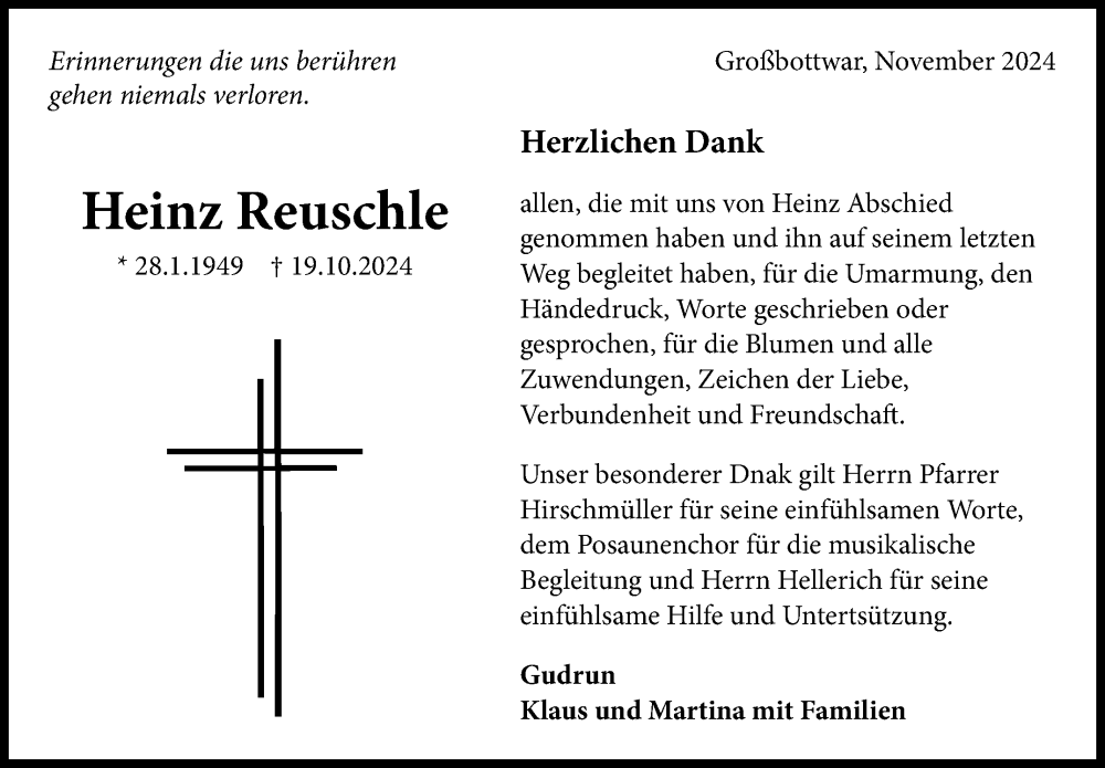  Traueranzeige für Heinz Reuschle vom 14.11.2024 aus Marbacher Zeitung