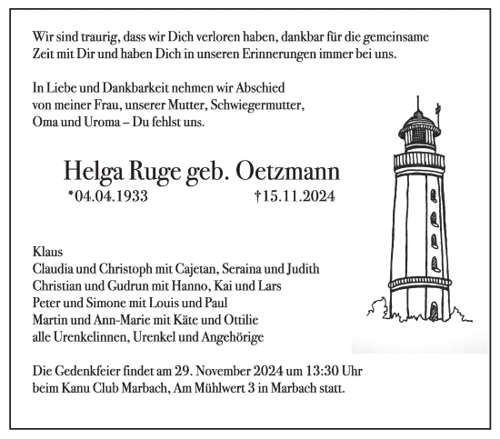 Traueranzeige von Helga Ruge von Marbacher Zeitung
