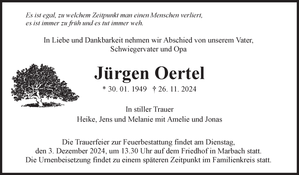  Traueranzeige für Jürgen Oertel vom 29.11.2024 aus Marbacher Zeitung