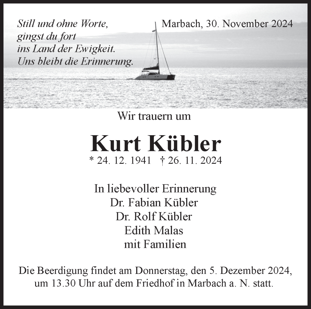  Traueranzeige für Kurt Kübler vom 30.11.2024 aus Marbacher Zeitung