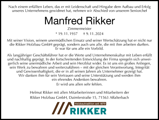 Traueranzeige von Manfred Rikker von Marbacher Zeitung