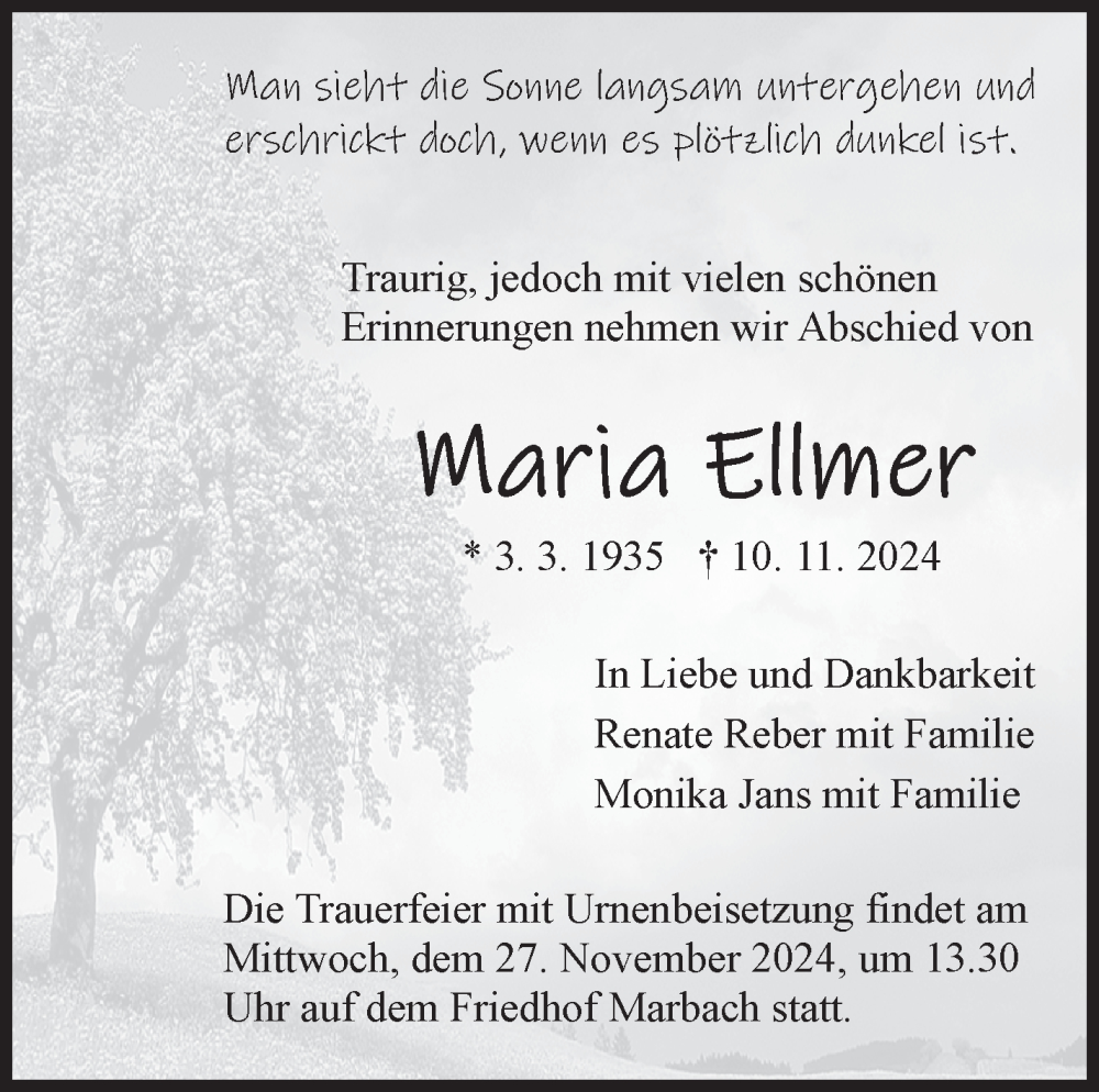  Traueranzeige für Maria Ellmer vom 22.11.2024 aus Marbacher Zeitung