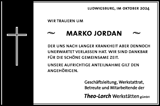 Traueranzeige von Marko Jordan von Marbacher Zeitung