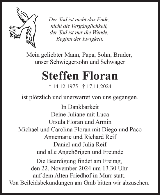 Traueranzeige von Steffen Floran von Marbacher Zeitung