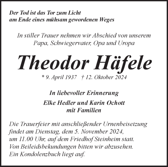 Traueranzeige von Theodor Häfele von Marbacher Zeitung