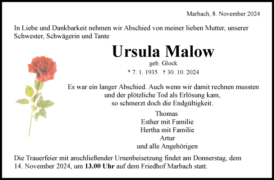 Traueranzeige von Ursula Malow von Marbacher Zeitung