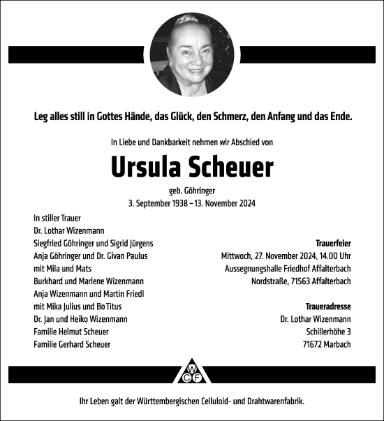 Traueranzeige von Ursula Scheuer von Marbacher Zeitung