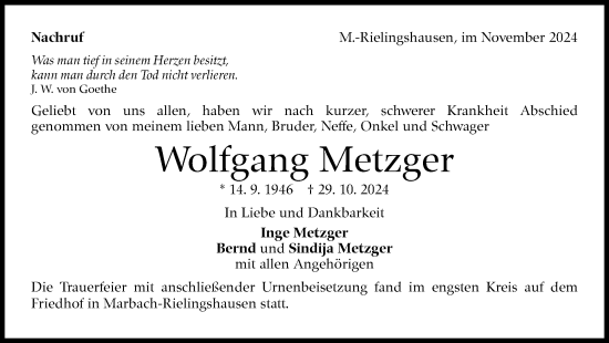 Traueranzeige von Wolfgang Metzger von Marbacher Zeitung