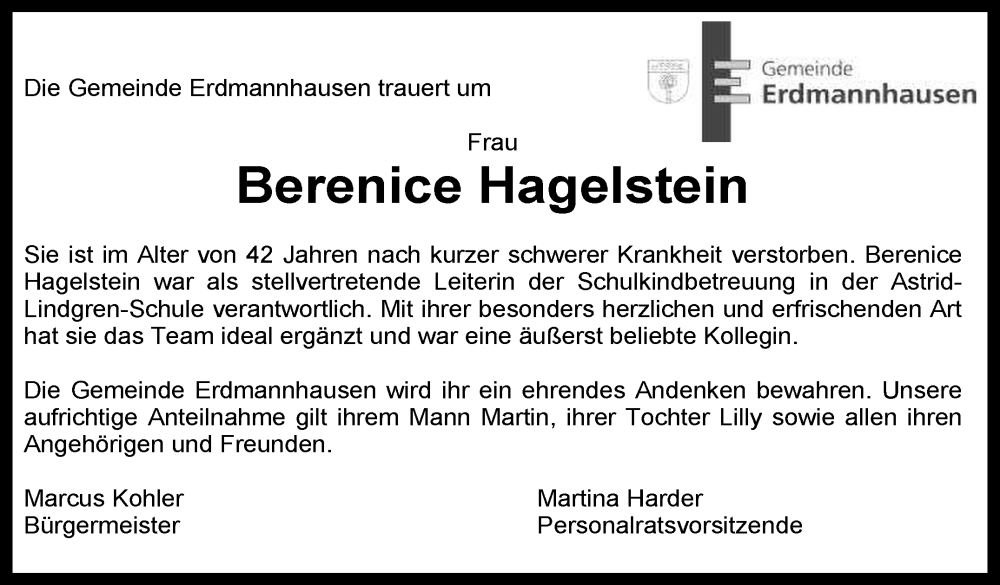  Traueranzeige für Berenice Hagelstein vom 11.12.2024 aus Marbacher Zeitung