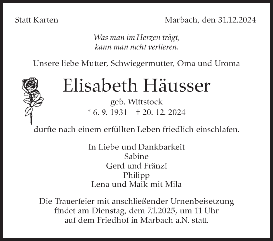 Traueranzeige von Elisabeth Häusser von Marbacher Zeitung