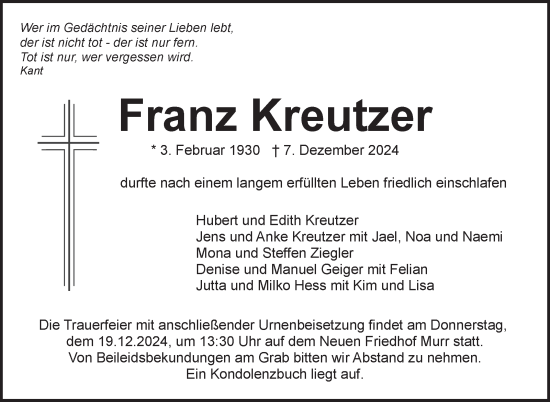 Traueranzeige von Franz Kreutzer von Marbacher Zeitung