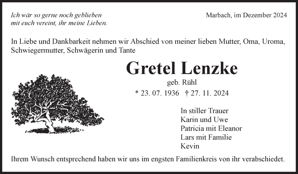  Traueranzeige für Gretel Lenzke vom 18.12.2024 aus Marbacher Zeitung