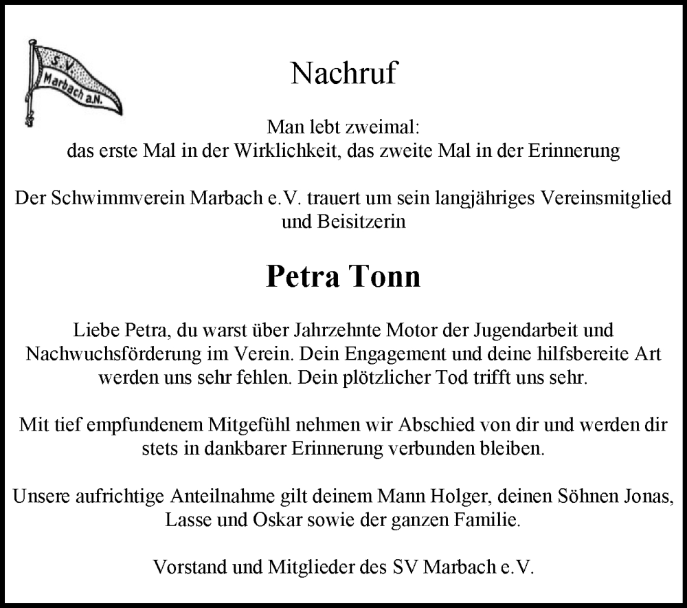  Traueranzeige für Petra Tonn vom 11.12.2024 aus Marbacher Zeitung