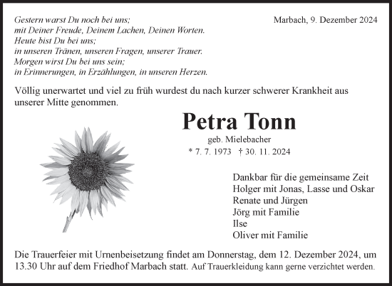 Traueranzeige von Petra Tonn von Marbacher Zeitung