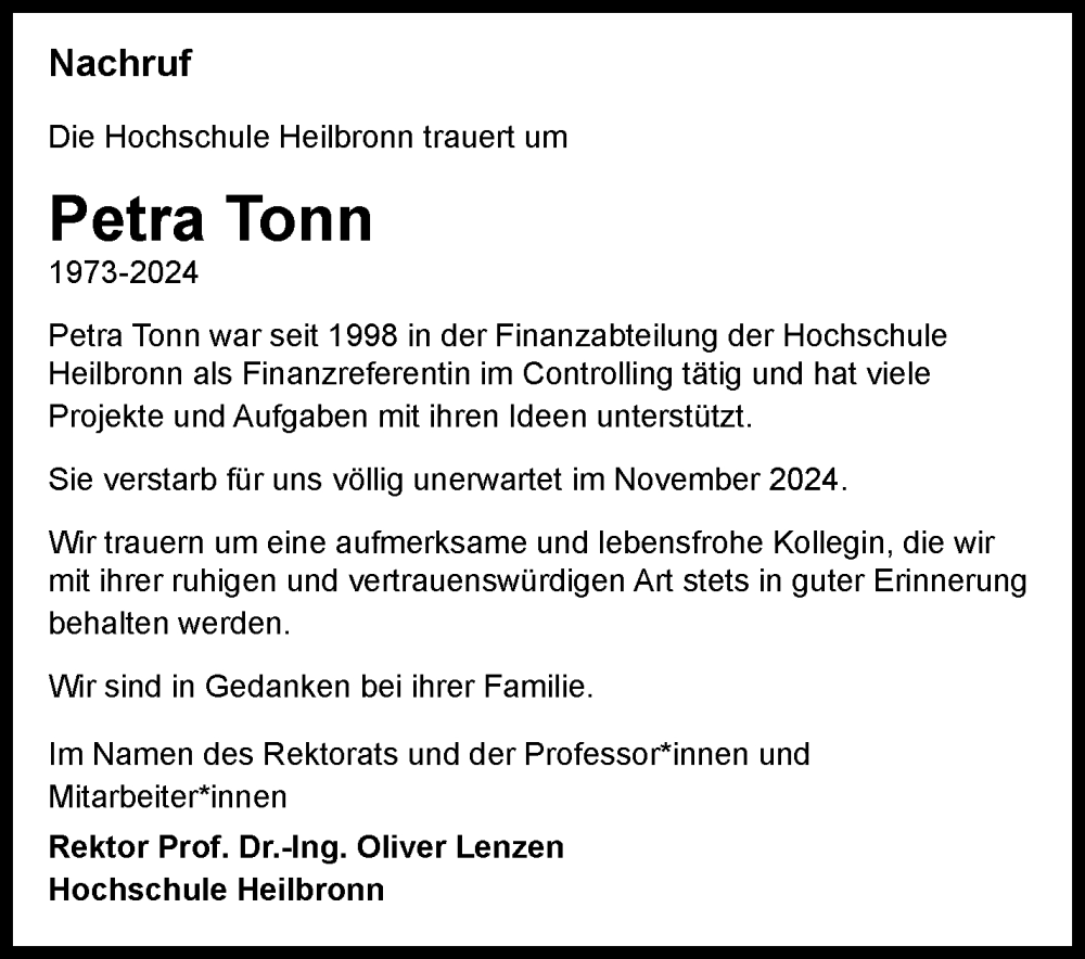  Traueranzeige für Petra Tonn vom 09.12.2024 aus Marbacher Zeitung
