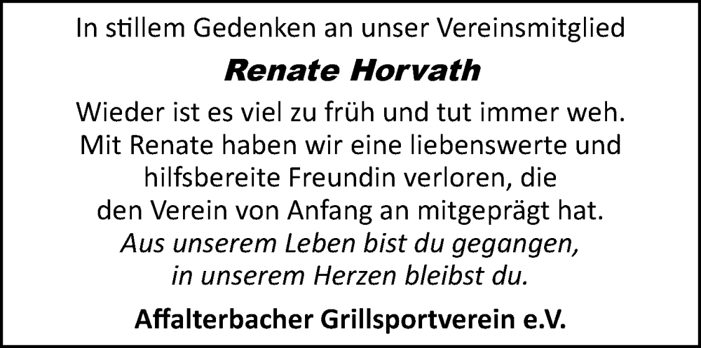  Traueranzeige für Renate Horvath vom 23.12.2024 aus Marbacher Zeitung