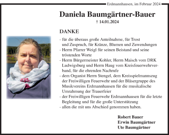 Traueranzeige von Daniela Baumgärtner-Bauer von Marbacher Zeitung