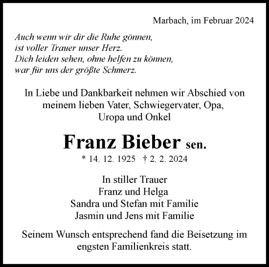 Traueranzeige von Franz Bieber von Marbacher Zeitung