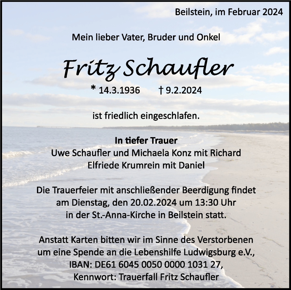  Traueranzeige für Fritz Schaufler vom 16.02.2024 aus Marbacher Zeitung