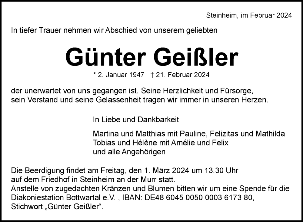  Traueranzeige für Günter Geißler vom 27.02.2024 aus Marbacher Zeitung
