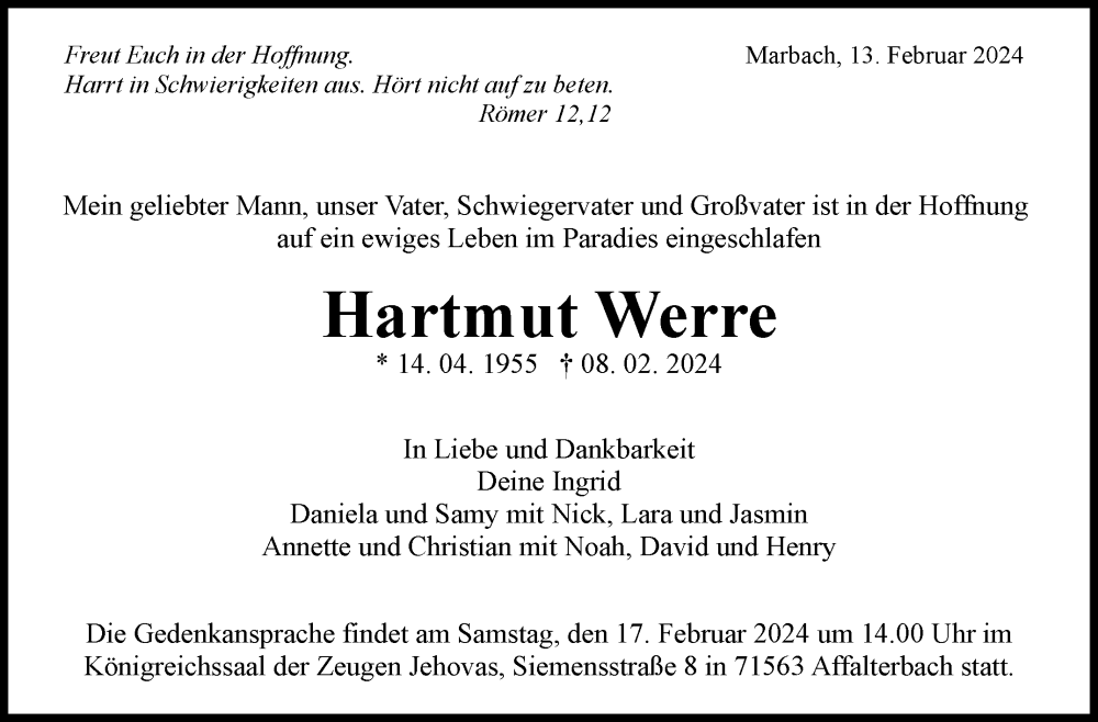  Traueranzeige für Hartmut Werre vom 13.02.2024 aus Marbacher Zeitung