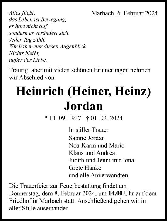 Traueranzeige von Heinrich Jordan von Marbacher Zeitung