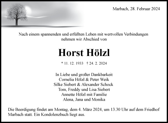 Traueranzeige von Horst Hölzl von Marbacher Zeitung