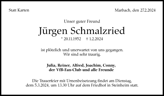 Traueranzeige von Jürgen Schmalzried von Marbacher Zeitung
