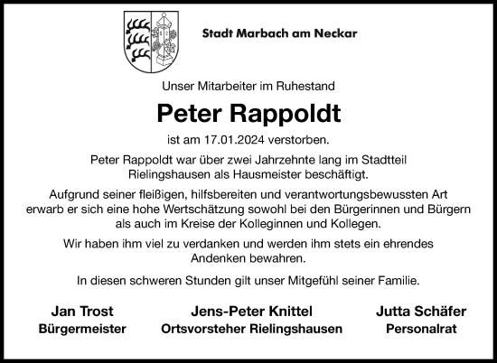 Traueranzeige von Peter Rappoldt von Marbacher Zeitung