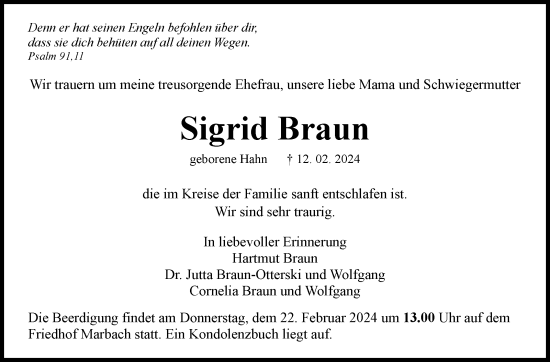 Traueranzeige von Sigrid Braun von Marbacher Zeitung