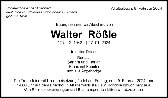 Traueranzeige von Walter Rößle von Marbacher Zeitung