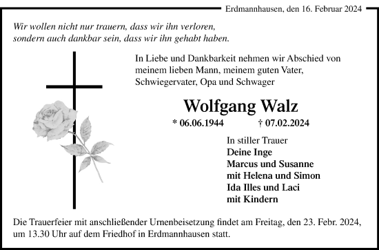 Traueranzeige von Wolfgang Walz von Marbacher Zeitung