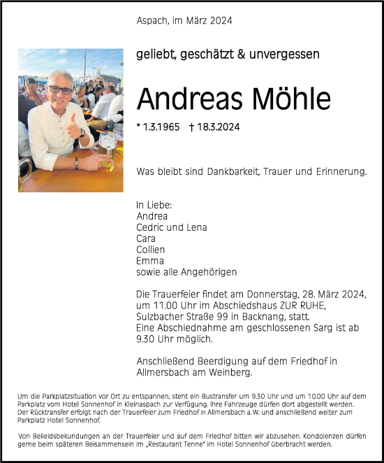 Traueranzeige von Andreas Möhle von Marbacher Zeitung