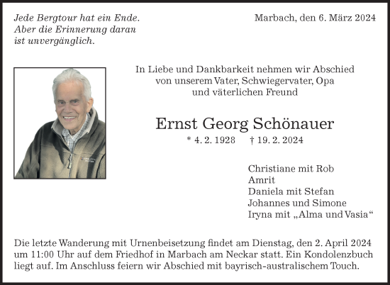 Traueranzeige von Ernst Georg Schönauer von Marbacher Zeitung
