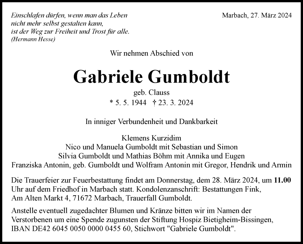  Traueranzeige für Gabriele Gumboldt vom 27.03.2024 aus Marbacher Zeitung