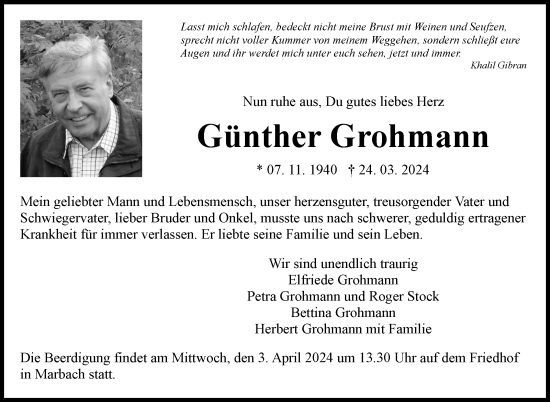 Traueranzeige von Günther Grohmann von Marbacher Zeitung