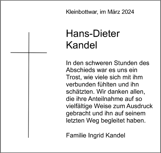 Traueranzeige von Hans-Dieter Kandel von Marbacher Zeitung