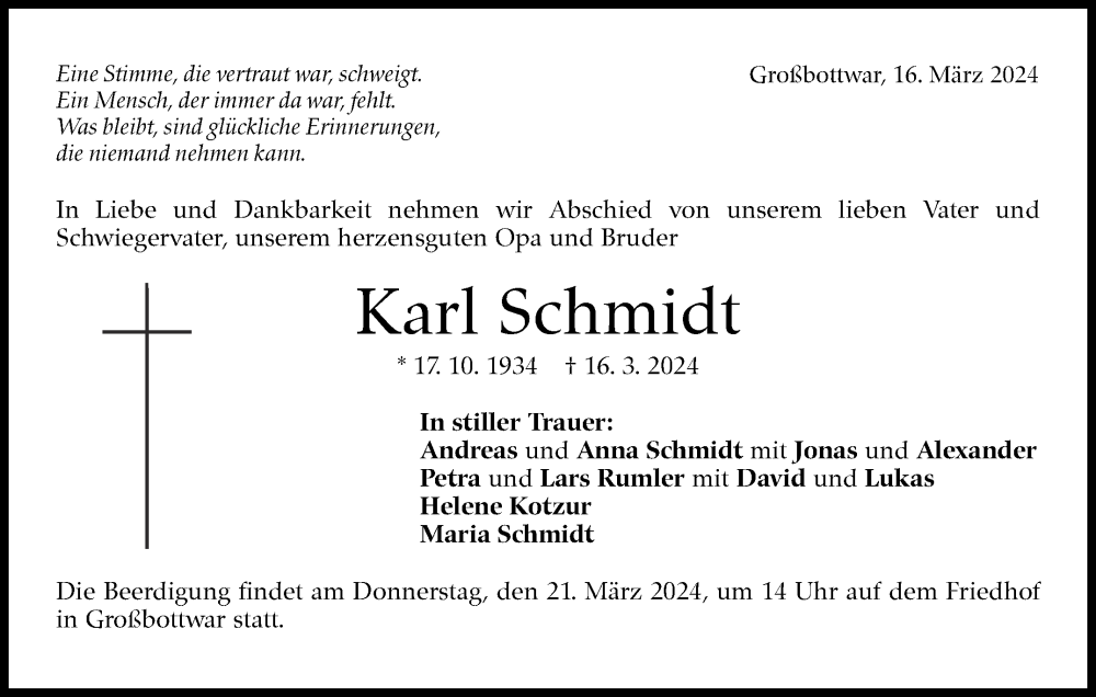  Traueranzeige für Karl Schmidt vom 20.03.2024 aus Marbacher Zeitung