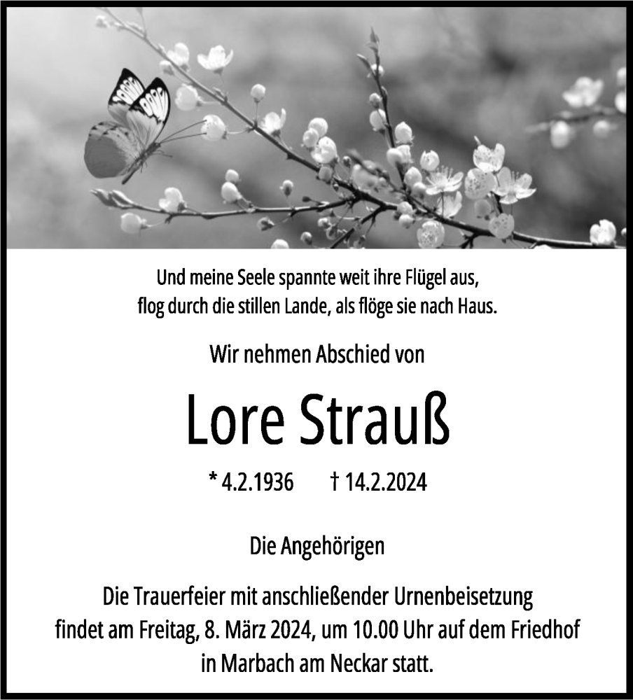  Traueranzeige für Lore Strauß vom 04.03.2024 aus Marbacher Zeitung