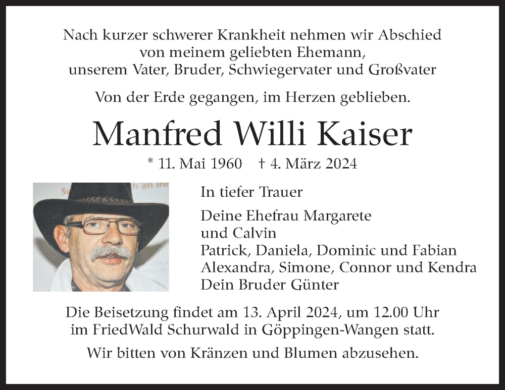  Traueranzeige für Manfred Willi Kaiser vom 22.03.2024 aus Marbacher Zeitung